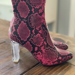 Pink and Black Snakeskin Heeled Boots with Transparent Heel